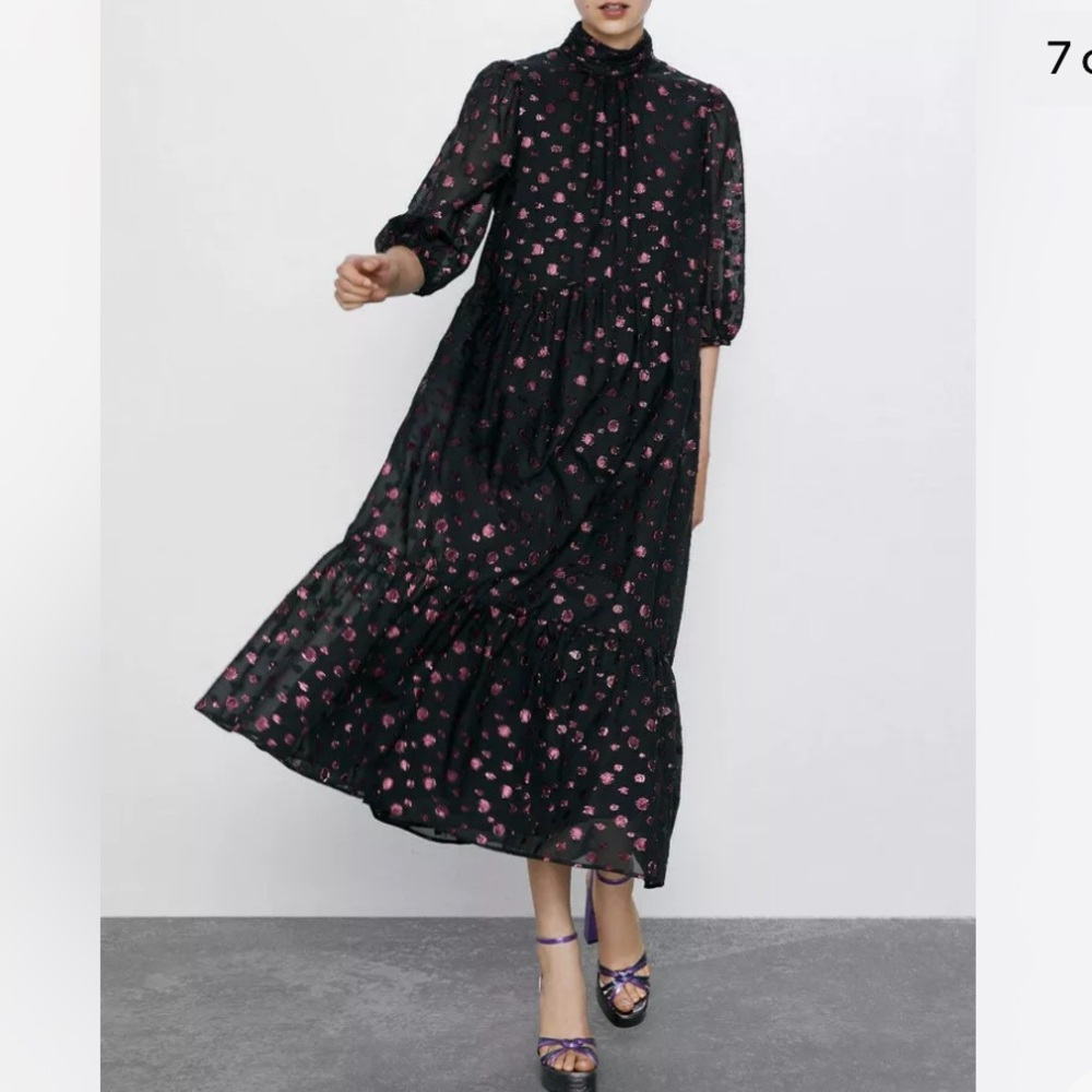 NWT Zara high neck puff sleeve metallic dress